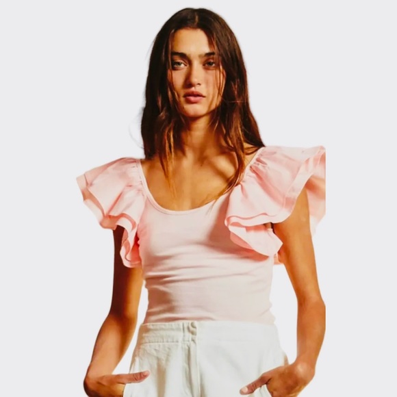 Pink Ribbed Knit Top with Ruffle Sleeves - Picture 4 of 8